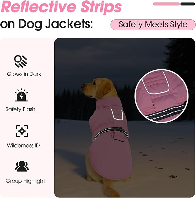 XXL Dog Coat, Warm Dog Winter Jacket, Waterproof Dogs Snowsuit with Foldable High Collar, Reflective Strips, Leash Hole, and Adjustable Hook & Loop Closure - Ideal for Cold Weather - Pink XXL