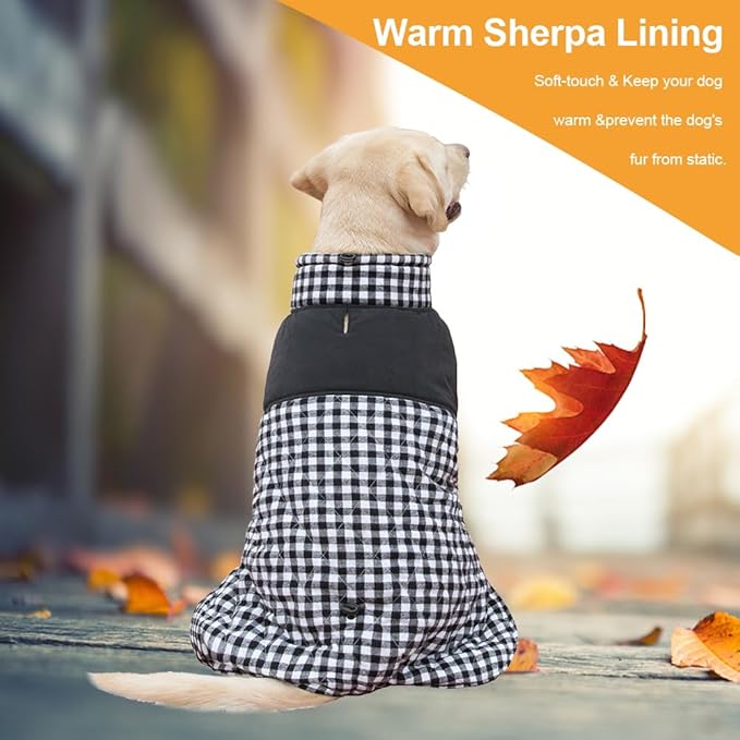 Dog Jackets for Winter, Reversible Dog Coat Windproof Waterproof Jackets for Cold Weather, British Style Plaid Coats Warm Vest for Small Medium Large Dogs (Black, 4XL)