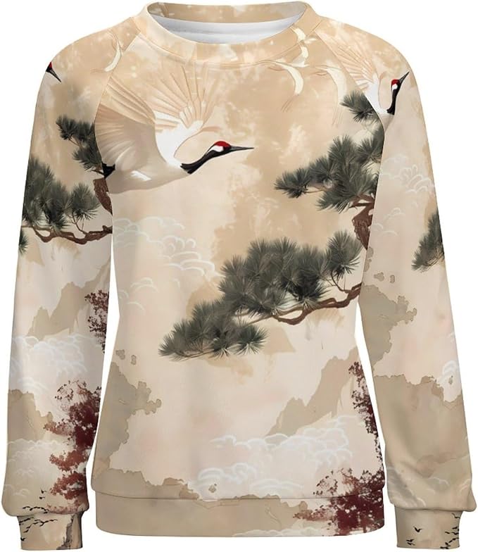 Womens Long Sleeve Tops Y2k Japanese Art Print Sweatshirts Fall Pullover for Women Crewneck Vintage Shirts Boho Tops