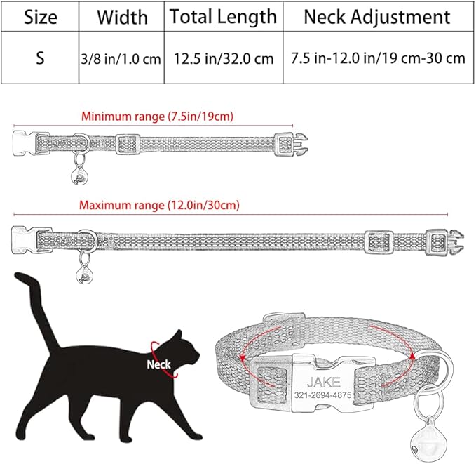 Personalized Reflective Nylon Cat Collar with Name Phone,Custom Engraved Buckle Cat Collar with Bell,Adjustable for Small Dogs Puppy Kitten (Orange,fit 7.5''-12.0'')