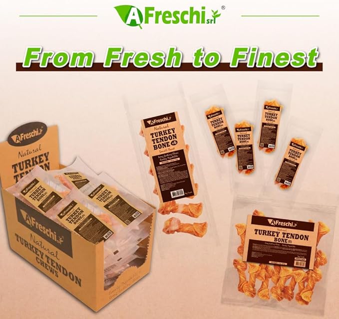 AFreschi Turkey Tendons for Dogs, USA-Sourced, Healthy Dog Treats, Rawhide-Free Puppy Chews, Long Lasting, All Natural, Hypoallergenic Dog Treats for Small Breeds, 8 oz Pack Bone (S)