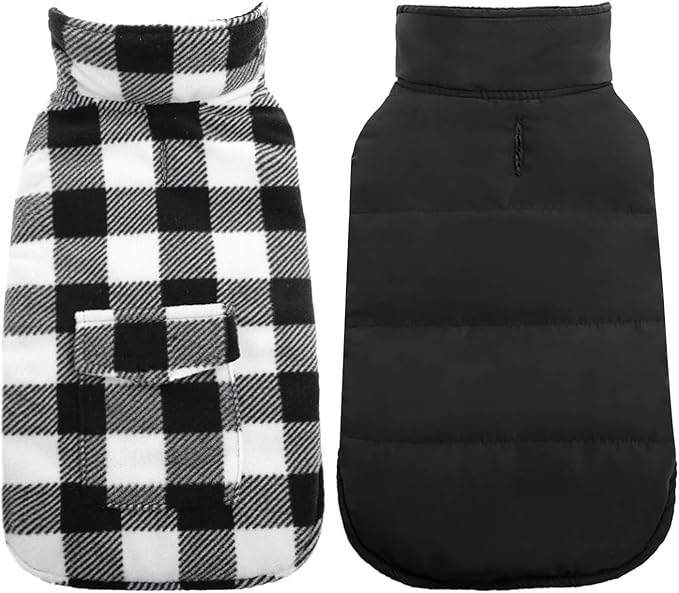 Kuoser Dog Winter Coat, Windproof Dog Fleece Jacket British Style Plaid Cold Weather Doggie Vest Coats, Reversible Cozy Warm Pet Clothes Apparel for Large Size Dogs L