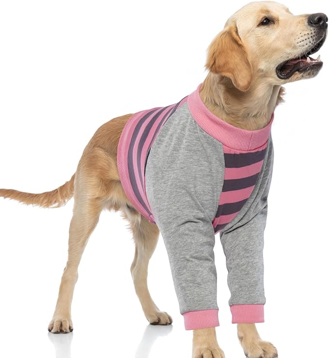 FUAMEY Dog Recovery Sleeve with Elbow Protector,Dogs Shirt Stop Licking Joints,Pet Long Sleeve Suit Protecting Dog's Front Leg Arm Wounds Cover Skin Conditions Pink Stripes L