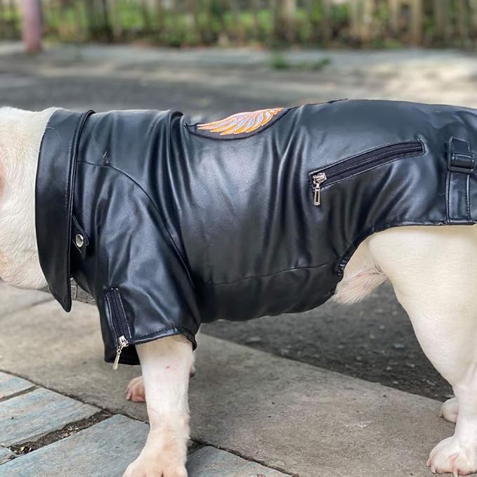 Lovelonglong Cool Dog Leather Jacket, Warm Coats Dogs Windproof Cold Weather Coats for Large Medium Small Dogs with Eagle Embroidery Black B-M