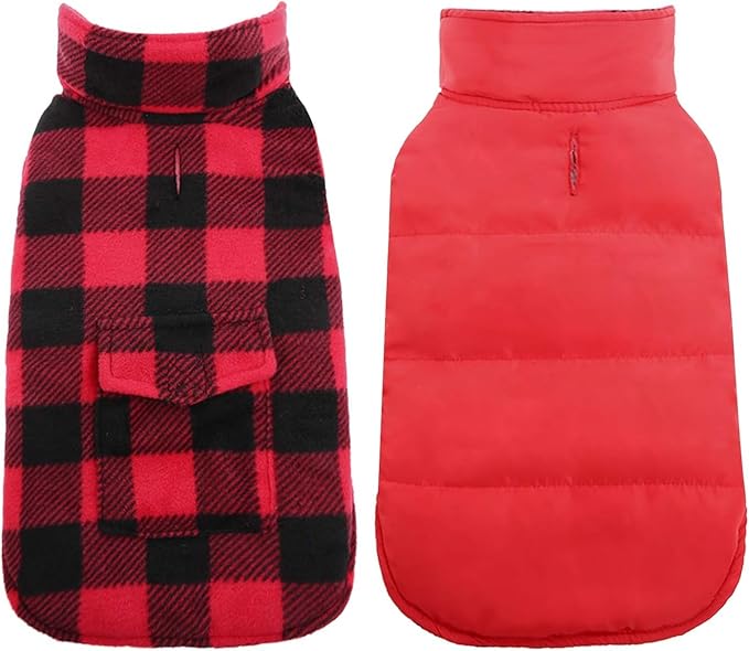Kuoser Dog Winter Coat, Windproof Dog Fleece Jacket British Style Plaid Cold Weather Doggie Vest Coats, Reversible Cozy Warm Puppy Clothes Pet Apparel for Small Dogs XS