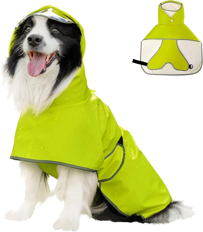 Dog Raincoat, Waterproof Windproof Dog Rain Jacket with Hood, Rain Coat with Leash Hole, Adjustable Raincoat Poncho for Small Medium Large Dogs Outdoor (Neon Yellow, Small)