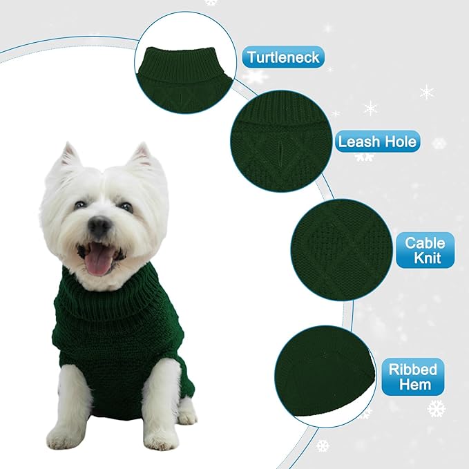 Mihachi Turtleneck Dog Sweater - Winter Coat Apparel Classic Cable Knit Clothes with Leash Hole for Cold Weather, Ideal Gift for Pet in New Year Army Green Small/Medium