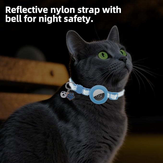 PUPTECK Airtag Cat Collar Breakaway 2 Pack with Bells, Reflective Kitten Collar with Air Tag Holder for Boy Girl Kitty and Puppies, Soft, Blue