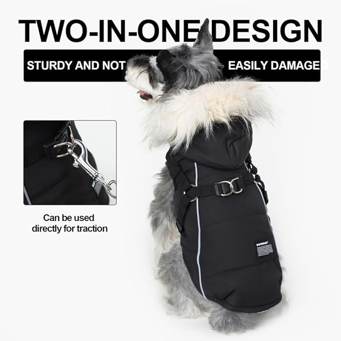 PINA Dog Winter Coat with Waterproof Fabric, Faux Fur Hood, Reflective Strap for Small to Large Dogs, Black, M