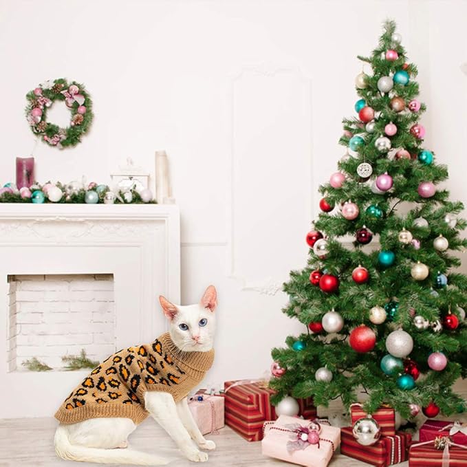 Mihachi Winter Warm Cat Sweater Turtleneck Puppy Pets Sweater Knit Vest Fashion Leopard for Cats Puppy Small Animals Brown Large
