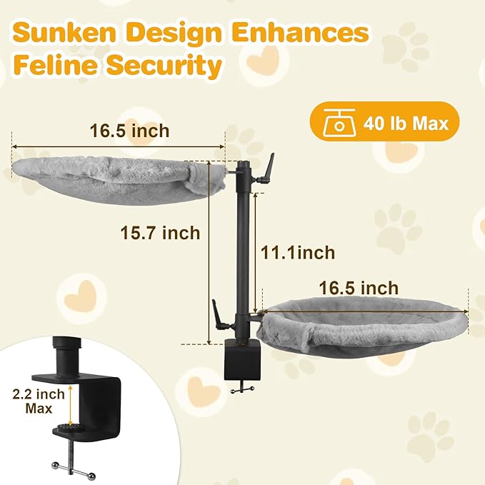 Double Cat Desk Bed - 2 Large Layers Cat beds with 360° Rotating & Adjustable Height, Kitten Nest for Desktop with 2 Washable Soft Covers, Kitten Hammock Bed Mount for Home Office Grey