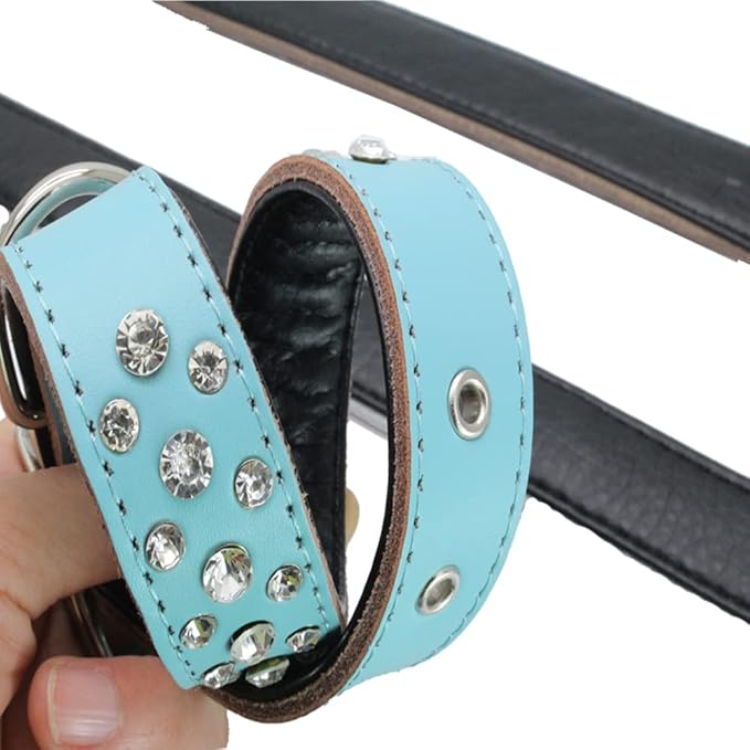 Rhinestones Dog Collar, Adjustable Sparkly Crystal Studded Genuine Leather Pet Dog Collar for Small and Medium Dogs (L, Pink)