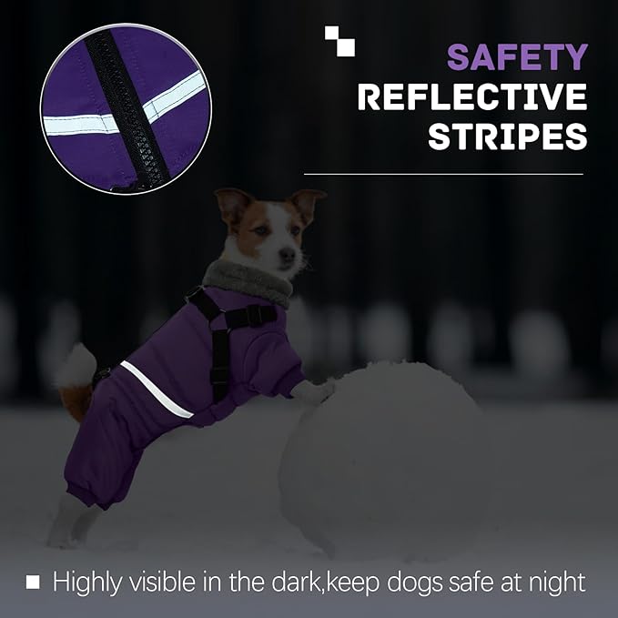 BRKURLEG Purple Dog Coat with Harness, Dog Winter Jacket, Dogs Onesie Body Warm Jackets, Small Dogs Winter Coats Reflective Windproof Warm Cold Weather Coats, Pet Waterproof Jackets, L