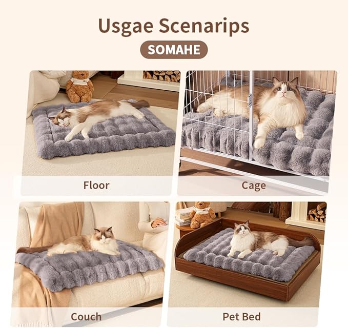 Dog Beds Mat Cute Cat Beds for Indoor Cats Faux Fur Pet Pad with Non-Slip Bottom Plush Kitten Bed for Carriers/Sofa Puppy Washable 27 x 20 Inch Large Grey