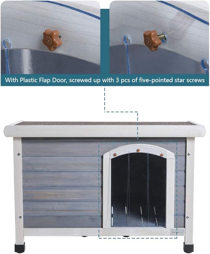 Petsfit Large Dog House, Wooden Outdoor Dog Kennel w/Hinged Roof, Weatherproof Dog Houses for Small Dogs Outside w/Adjustable Foot Pads, 33.7" L X 22.6" W X 23" H, Grey