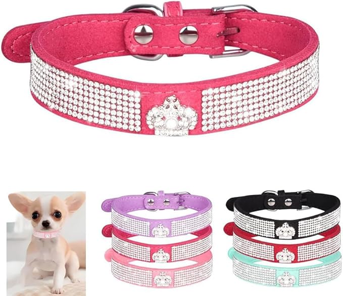 Serijoars Small Dog Collar with Rhinestone Crystal Diamond Colorful Bling Girl Puppy Cat Collars (M, Hot Pink4)