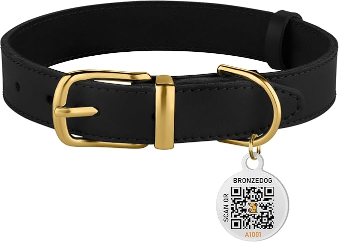 BRONZEDOG Leather Dog Collar with QR ID Tag Basic Pet Collars for Small Mini Dogs Cats Puppies (7-9 Inch (Pack of 1), Black & Gold Buckle)