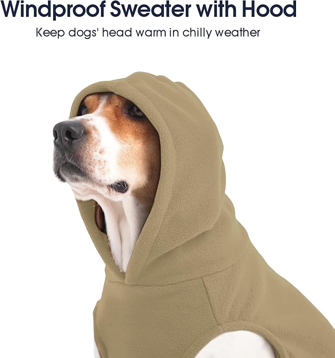 IECOii XXL Dog Hoodie for Large Dogs, Fleece Dog Sweatshirt for Large Breed Male Female Dogs,Pet Pouch Hoodie Winter Sweater Coat with Leash Hole, Warm & Lightweight Outfit for Pitbull, Khaki, 2XL