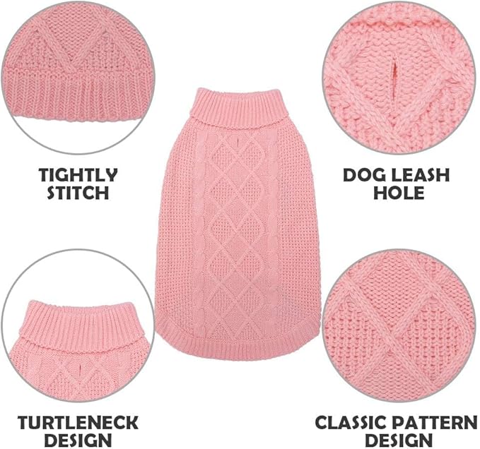 Mihachi Turtleneck Dog Sweater - Winter Coat Apparel Classic Cable Knit Clothes with Leash Hole for Cold Weather, Ideal Gift for Pet in New Year Flesh Pink Medium