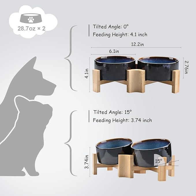 SPUNKYJUNKY 15° Slanted Ceramic Dog and Cat Bowl with Wooden Stand, Tilted Bulldog Food and Water Bowl No Slip Non-Spill for Cats Medium Dogs Big Face Pets 28.7 OZ (3.6 Cups, Starry Blue × 2)
