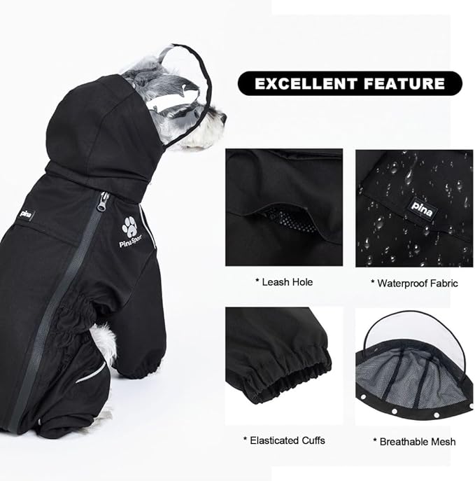 PINA Dog Raincoat & Jacket with Hood & Leash Hole, Lightweight Dog Poncho with Reflective Strap & Pocket for Wet Weather, Full Wrap Design for Full Protection
