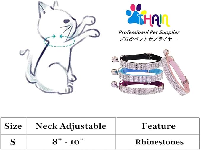 THAIN Rhinestones Cat Dog Collar Soft Velvet Safe Adjustable Collar Bling Diamante with Bells, 8-11 inch for Small Dogs and Cats (Black)