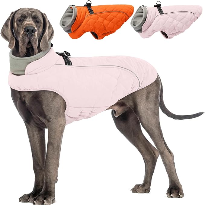 Dog Coat with Harness Built in -Pink,XL- Fleece Lined Dog Snow Jacket Snowsuit，Adjustable Reflective Winter Warm Cold Weather Coat
