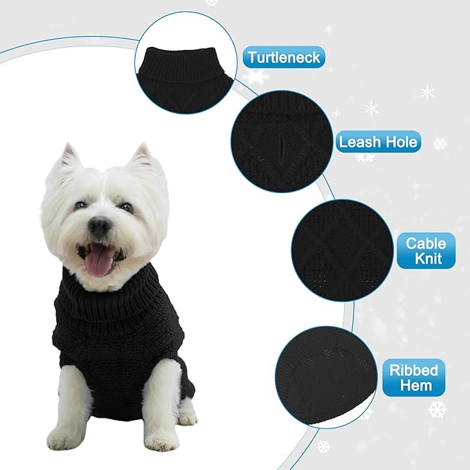 Mihachi Turtleneck Dog Sweater - Winter Coat Apparel Classic Cable Knit Clothes with Leash Hole for Cold Weather, Ideal Gift for Pet in New Year Black Small/Medium