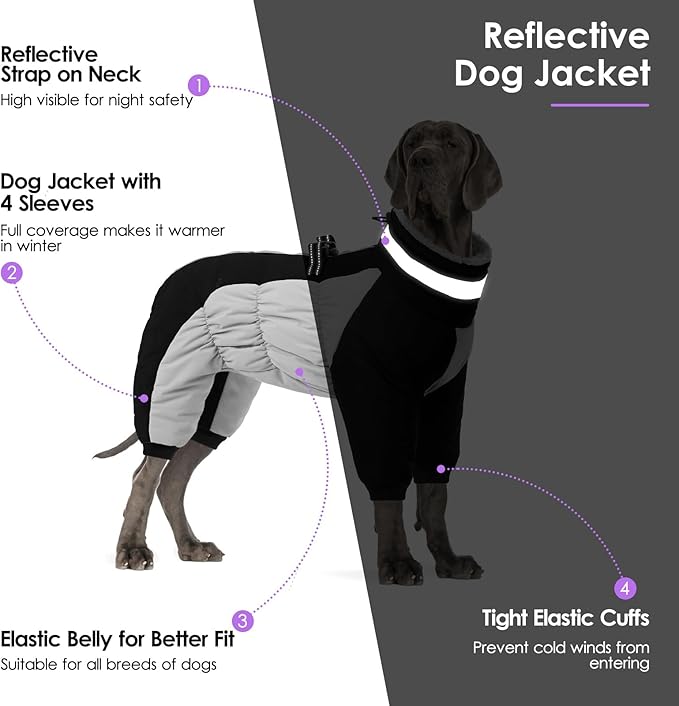 SUNFURA Full Body Dog Coat - Warm Fleece Jacket for Large Dogs, Turtleneck Winter Coats with Harness, Reflective Dog Snowsuit Windproof Puffer Jackets with Legs for French Bulldog, Black L