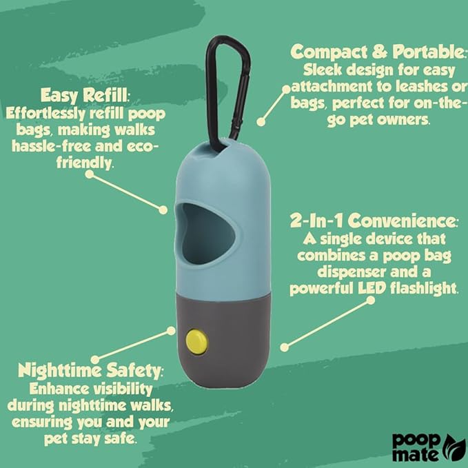 Dog Poop Bag Dispenser with LED Flashlight for Night Walks – Leash Clip & Metal Carabiner – Pet Waste Bag Holder Includes 1 Roll (15 Dog Poop Bags) – Durable, Portable – Blue