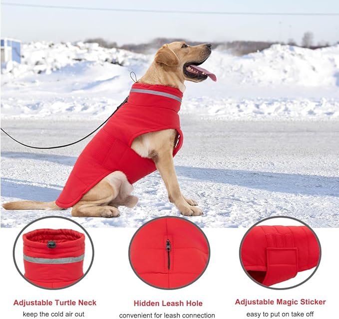Dog Coat, Waterproof Winter Jacket, Warm Windproof Vest, Reflective Adjustable Turtleneck Coats for Medium and Large Dogs with Hook & Loop - Red - L