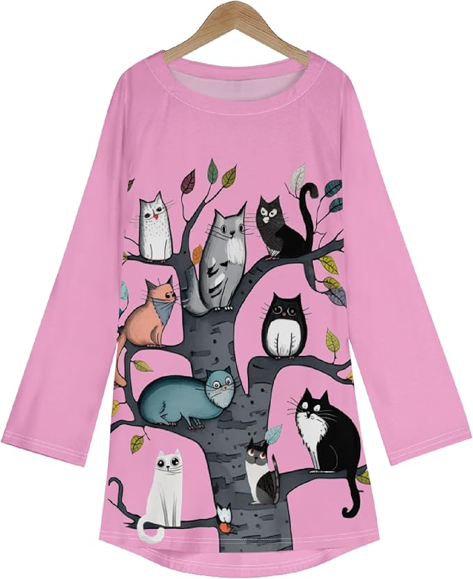 Womens Tunic Shirt Cute Cat Print Long Sleeve Round Neck Women T Shirts Cotton Casual Plus Size Vacation Tunics Tops