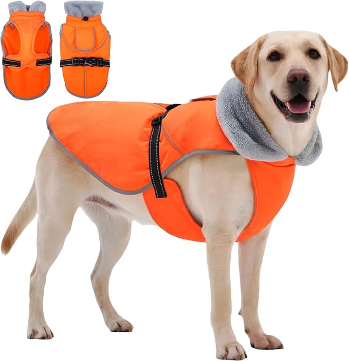 Insulated Relaxed Fit Dog Winter Jacket with Full-Body Reflective Strip, Hard Shell Pet Coat for Outdoor, Waterproof & Adjustable Coats for Large Dogs, Soft Fur Collar Clothes for Bulldog(Orange, XL)