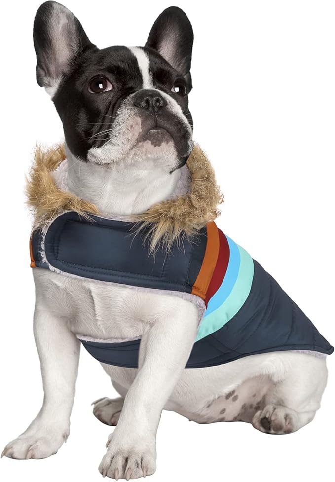 HDE Dog Puffer Jacket Fleece Lined Warm Dog Parka Winter Coat with Harness Hole Navy Retro Stripe - S