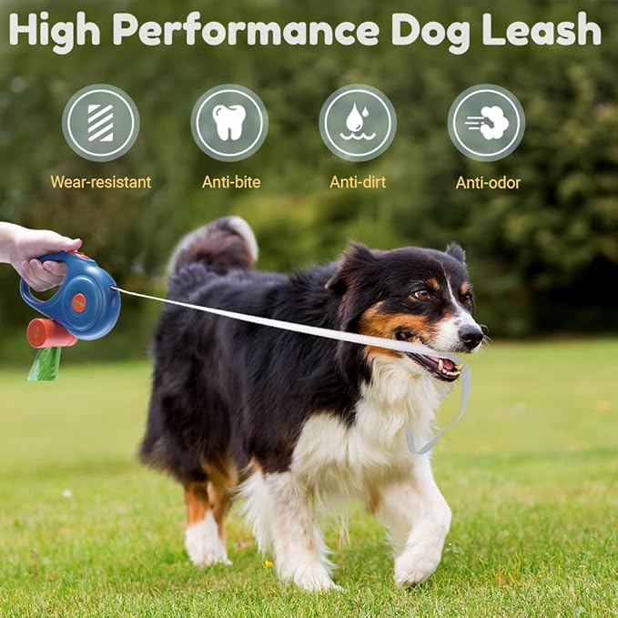 Retractable Dog Leash for Small and Medium Dogs 16 ft, Heavy Duty Nylon Rope with Poop Bag Dispenser, Impact Proof Carabiner, Anti-Slip Handle (Blue, 16FT)