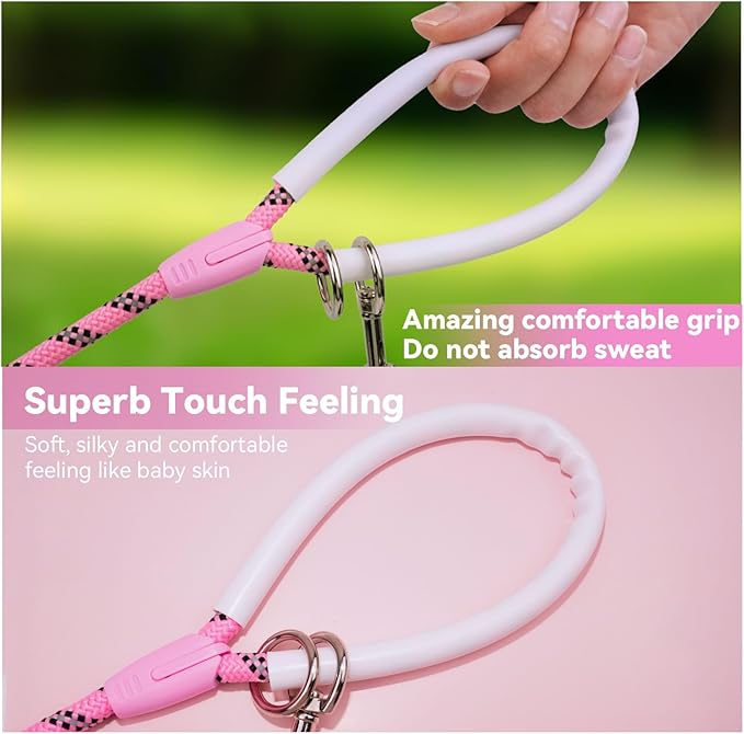 Nylon Dog Leash 6FT 10FT 20FT 30FT Diameter 2/5 Inch with Comfortable Silicone Handle Highly Reflective No Tangle for Medium Large Dogs Outside Walking Camping Backyard. (Pink, 30FT)