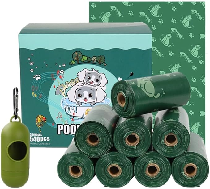 Dog Poop Bags with Dispenser, 540 Bags, 36 Rolls, Green