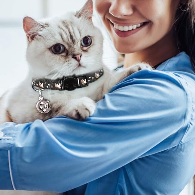 2Pcs Breakaway Cats Collars Cat Collars for Boy & Girl Cats Moons Adjustable Kitten Collars with Bell & Pendant Glow in The Dark,Black+Pink