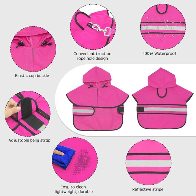 Candofly Dog Raincoat Reflective Dog Rain Jacket Waterproof Hooded Ponch Rain Coat for Small Medium Large Dogs (Pink, Medium)