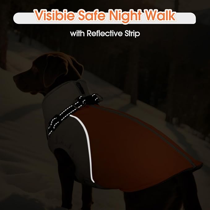 DENTRUN Dog Coat with Harness Built in, Cold Weather Dog Jacket Windproof Water-Repellent, Plush Turtle Neck Reflective Coat for Beagle, Orange, M
