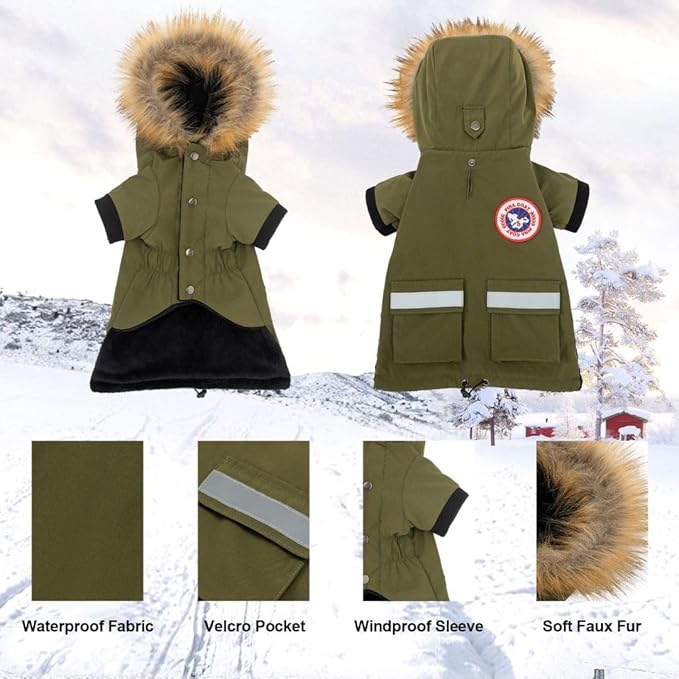 PINA Waterproof Dog Coat for Small Dogs - Winter Jacket With Warm Flannel Lining, Windproof Reflective Hoodie, Pocket, and Faux Fur Hood for Cold Weather