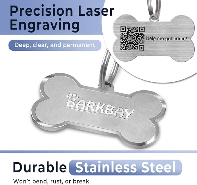 Dog Tags Personalized for Pets,Dog Name Tags QR Code,No Subscription Fees,Modifiable Pet Online Profile,Stainless Steel,No App Required,for Dogs and Cats Small,Medium,Large(Dog Bone,Small)
