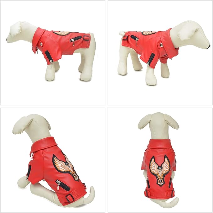 Lovelonglong Cool Dog Leather Jacket, Warm Coats Dogs Windproof Cold Weather Coats for Large Medium Small Dogs with Eagle Embroidery Red XS
