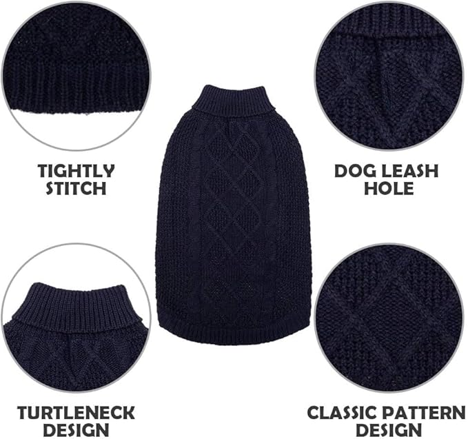 Mihachi Turtleneck Dog Sweater - Winter Coat Apparel Classic Cable Knit Clothes with Leash Hole for Cold Weather, Ideal Gift for Pet in New Year Navy Blue 2XL