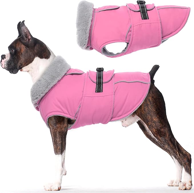 Lelepet Warm Dog Coats for Large Dogs Waterproof Dog Winter Jacket Reflective Pet Fleece Vest Windproof Cold Weather Coats with Adjustable Buckle & Leash Hole, Pink, XL
