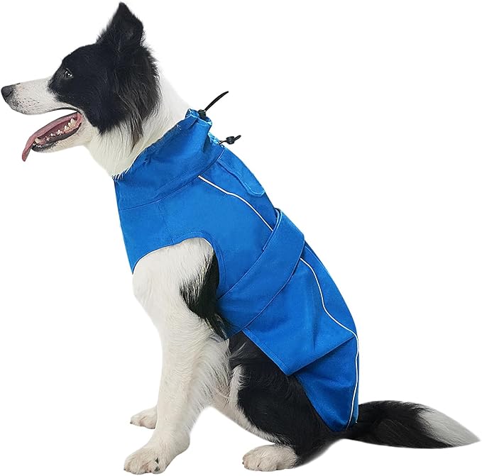 Waterproof Dog Raincoat, Adjustable Lightweight Dog Rain Jacket with Reflective Strip Leash Hole for Small Medium Large Dogs (Blue, 3X-Large(77-94lb))