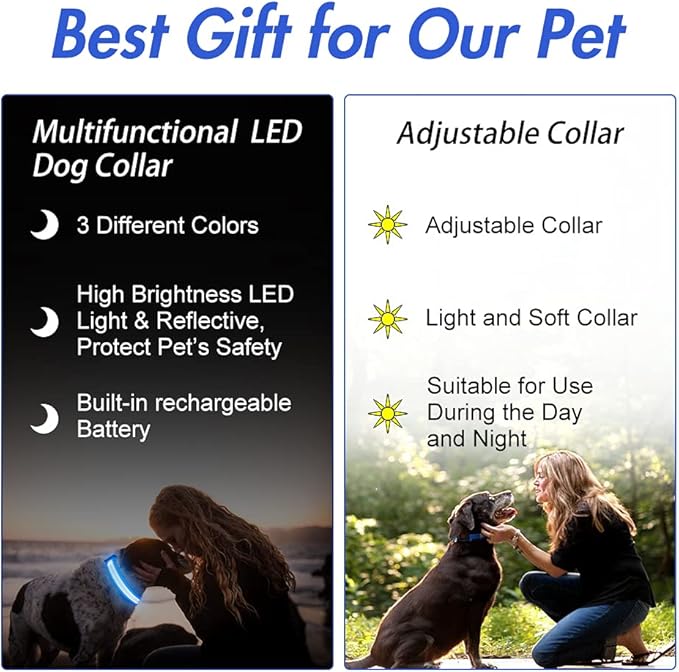 YFbrite Ultra Light Adjustable LED Dog Collar, Light up Dog Collars Rechargeable Glowing in The Dark Collars Visiblity & Safety for Small, Medium, Large Dogs (Blue, X-Large)