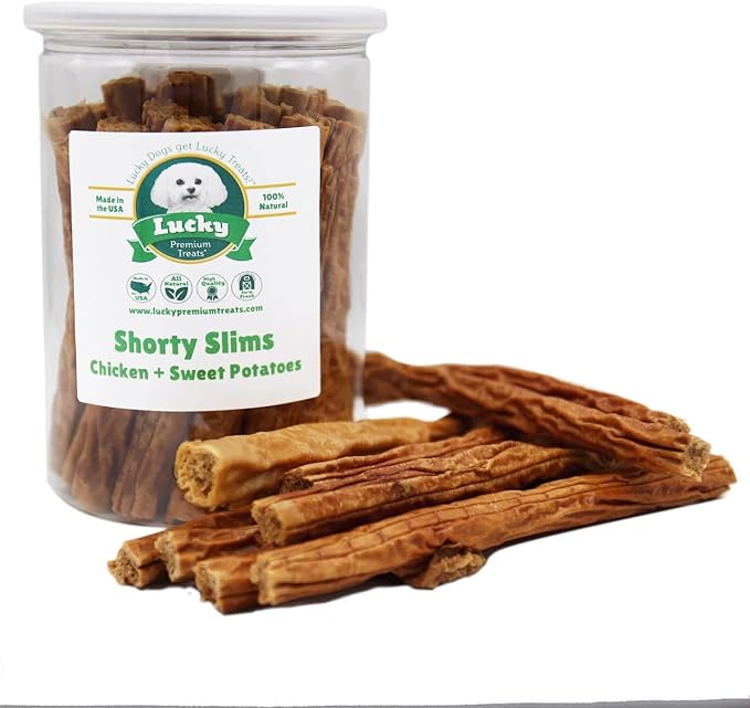 Lucky Premium Treats Lucky Shorty Slims - Sweet Potato and Chicken Jerky Dog Treats, Crunchy Dog Chew Sticks with Real Chicken and Sweet Potato for Small to Large Dogs (7 Count)