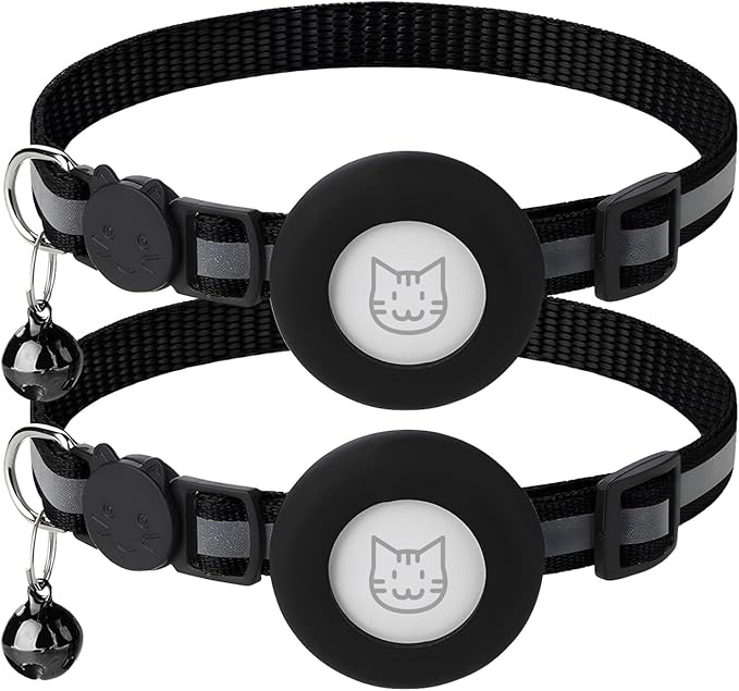 2 Pack Airtag Cat Collar with Bell, Reflective Nylon Kitten Collar with Apple Air Tag Holder and Breakaway Safety Buckle for Puppy Girl Boy Cats, 3/8" in Width and Lightweight, Black
