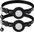 2 Pack Airtag Cat Collar with Bell, Reflective Nylon Kitten Collar with Apple Air Tag Holder and Breakaway Safety Buckle for Puppy Girl Boy Cats, 3/8" in Width and Lightweight, Black